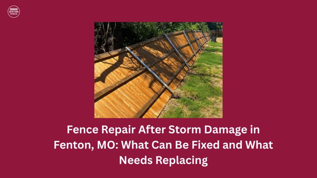 Storm-damaged wood fence with leaning panels in a residential backyard in Fenton, Missouri