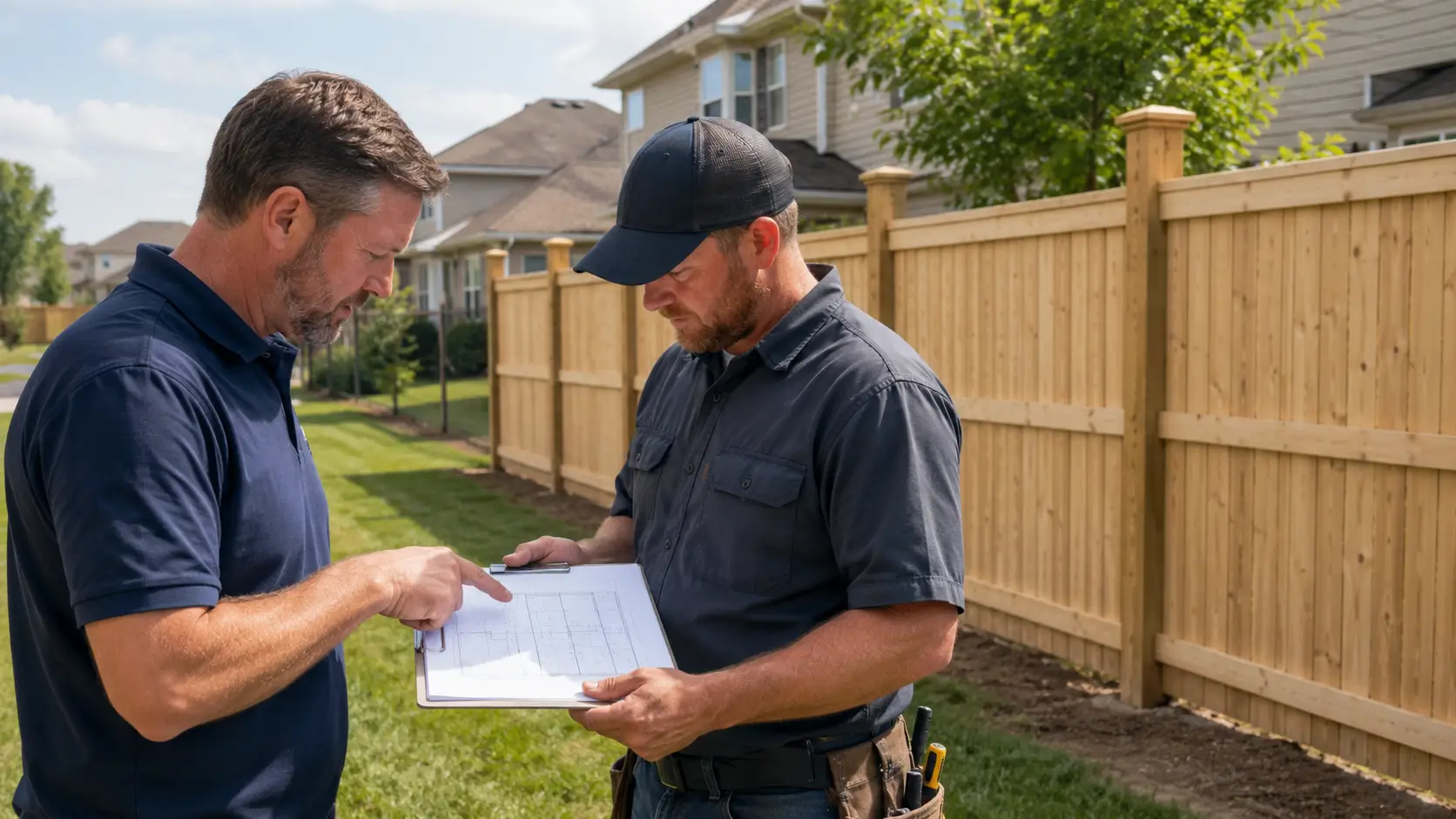 Homeowner reviewing fence installation plans in a St. Louis County backyard